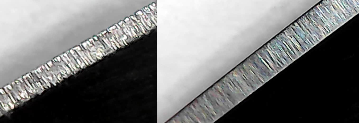 Porovnanie ostria pod mikroskopom pred a po brúsení